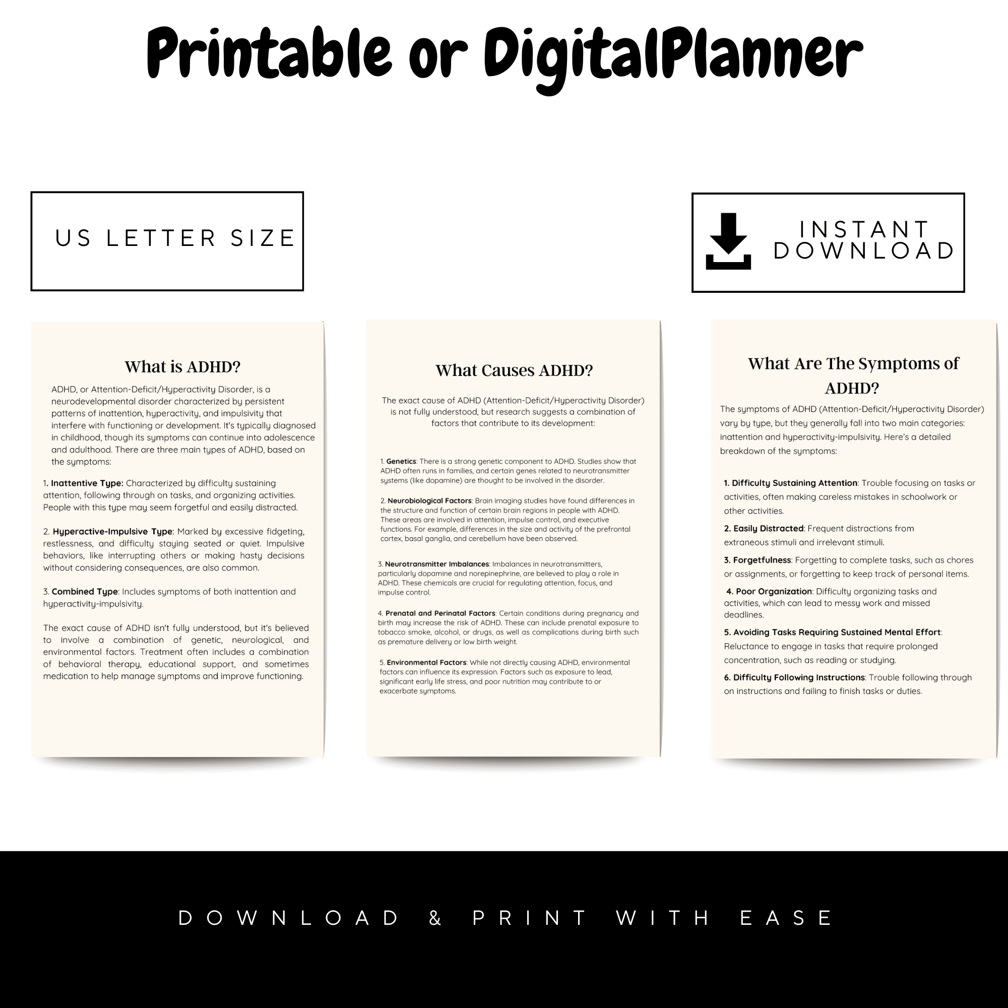 Digital ADHD planner and mental health workbook with therapy worksheets, anxiety journal, depression workbook, self-care tools, and trackers for productivity and well-being