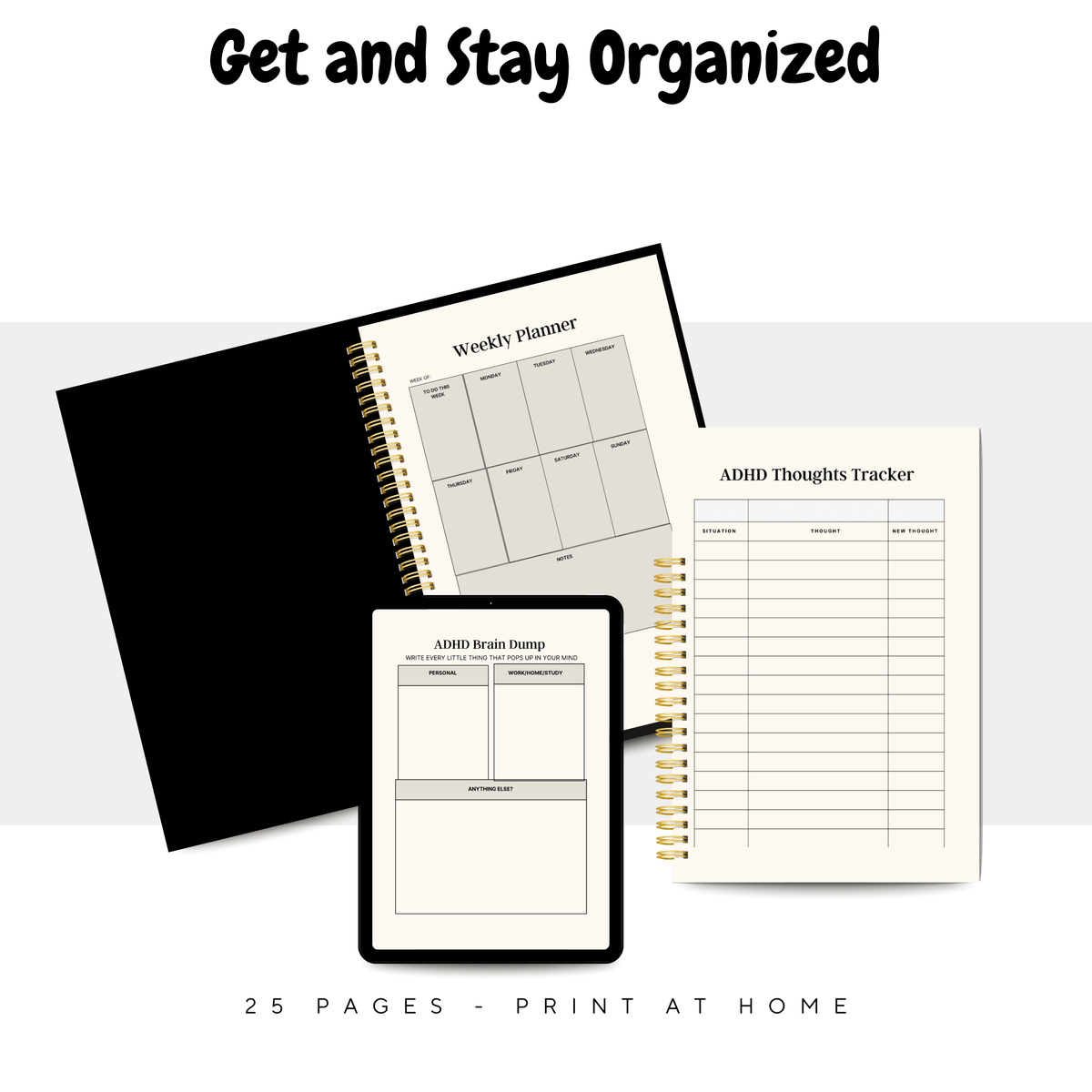 Digital ADHD planner and mental health workbook with therapy worksheets, anxiety journal, depression workbook, self-care tools, and trackers for productivity and well-being