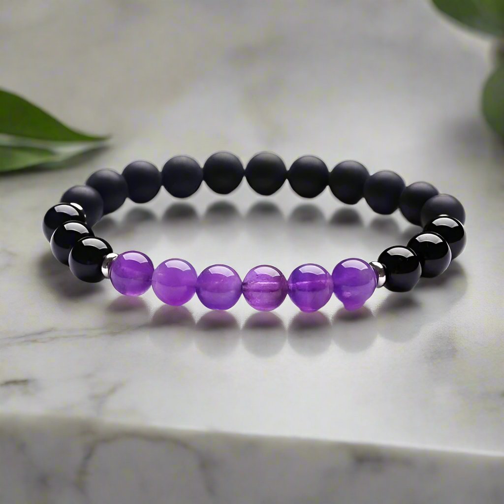 Peace of Mind Amethyst Beaded Bracelet with frosted agate and black obsidian for anxiety relief, mental health support, and grounding energy.