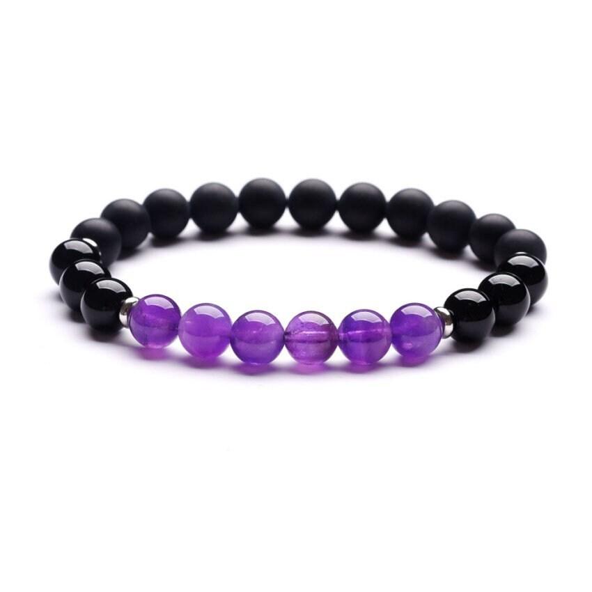 Peace of Mind Amethyst Beaded Bracelet with frosted agate and black obsidian for anxiety relief, mental health support, and grounding energy.