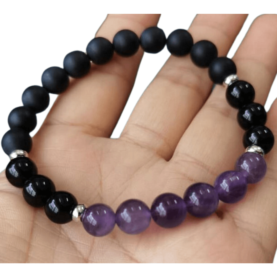 Peace of Mind Amethyst Beaded Bracelet with frosted agate and black obsidian for anxiety relief, mental health support, and grounding energy.