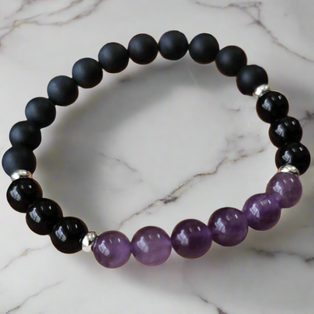 Peace of Mind Amethyst Beaded Bracelet with frosted agate and black obsidian for anxiety relief, mental health support, and grounding energy.