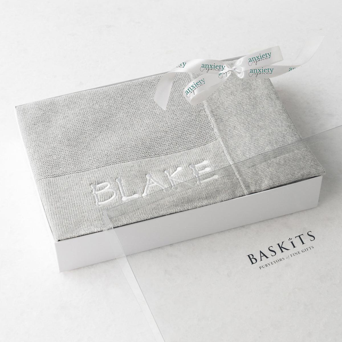 Jake and Jill Customizable Baby Blanket in Gray – 100% natural cotton blanket with custom embroidery, perfect for gender-neutral baby gifts, baby showers, christenings, and newborn gifts. Available in gray, blue, and pink.