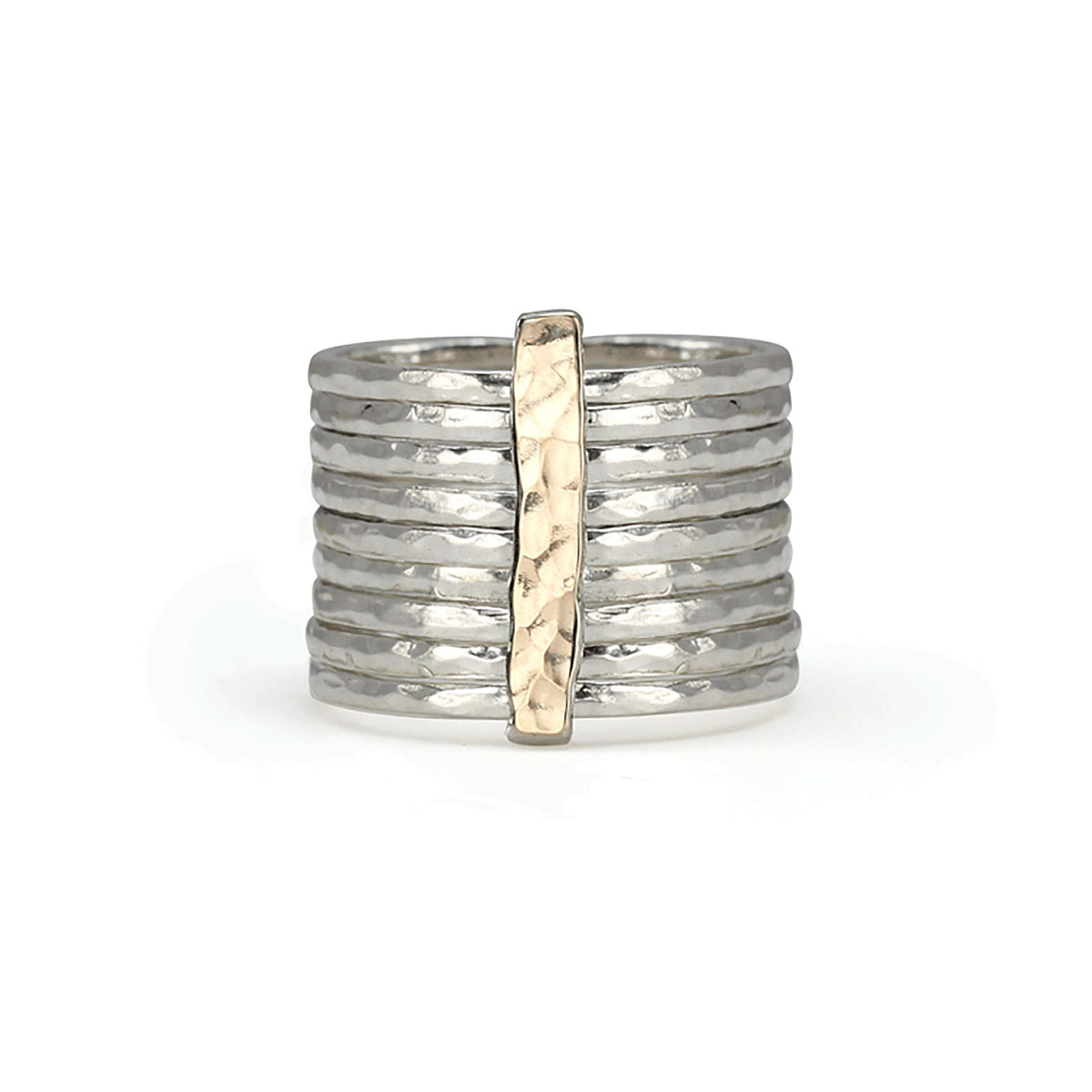 Breath Sterling Silver Fidget Ring for Women with Yellow Gold Accent Bar and Nine Spinning Bands – A feminine and playful meditation ring designed for mindfulness and joy.
