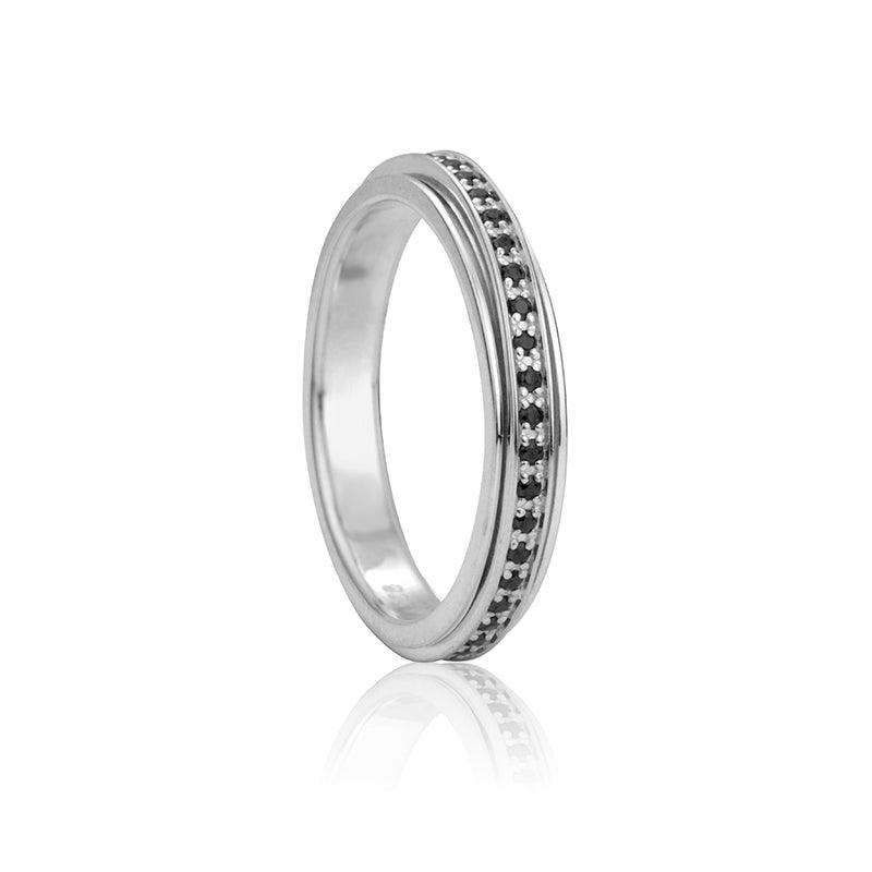 Sterling Silver Spinner Ring with Black CZ Spinning Band – A versatile fidget ring designed for mindfulness and relaxation, featuring a spinning band and black cubic zirconia.