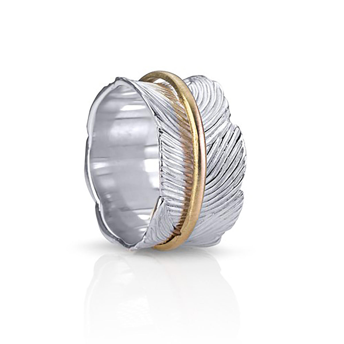 Sterling Silver Spin Ring with hand-crafted organic leaf pattern and Yellow Gold spinning band, displayed with complimentary MeditationRings Tin and Travel Pouch