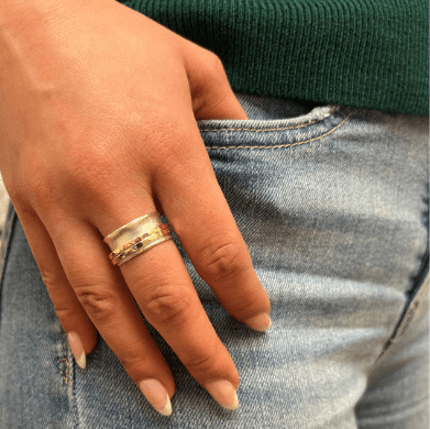 Sterling Silver Fidget Ring for men and women with Yellow Gold and Rose Gold spinning bands, displayed with complimentary MeditationRings Tin and Travel Pouch