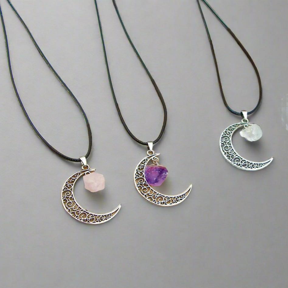 Crescent Moon Gemstone Necklace using the best crystals for anxiety, such as rose quartz, amethyst, and clear quartz for healing and spiritual energy