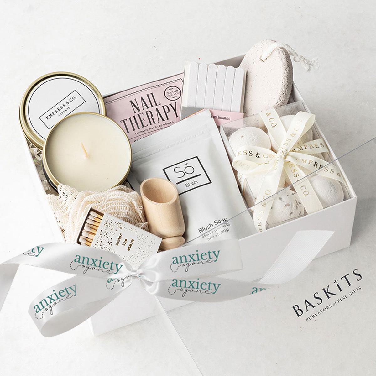 Just Because Spa Gift Basket – A luxurious self-care gift basket featuring bath bombs, candles, foot care products, and more for the ultimate spa experience.