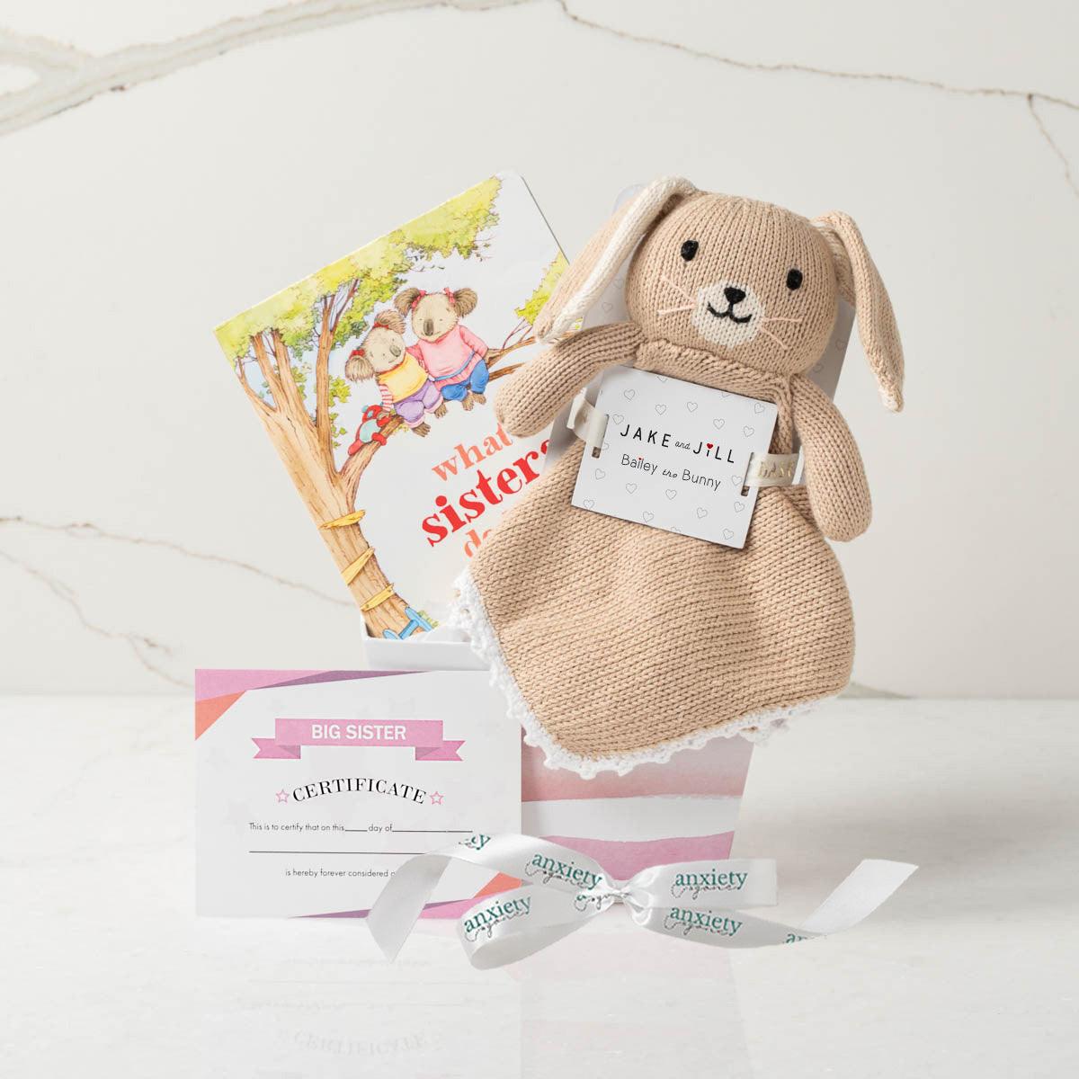 Big Sister Gift Set – Includes Big Sister Certificate, Jellycat Bashful Buttermilk Bunny, What Sisters Do Best book, Big Sister T-shirt for bunny, and keepsake paperboard base. Ideal for big sister gifts, gifts for siblings of newborns, and children’s gift baskets. Perfect for celebrating a new big sister.

