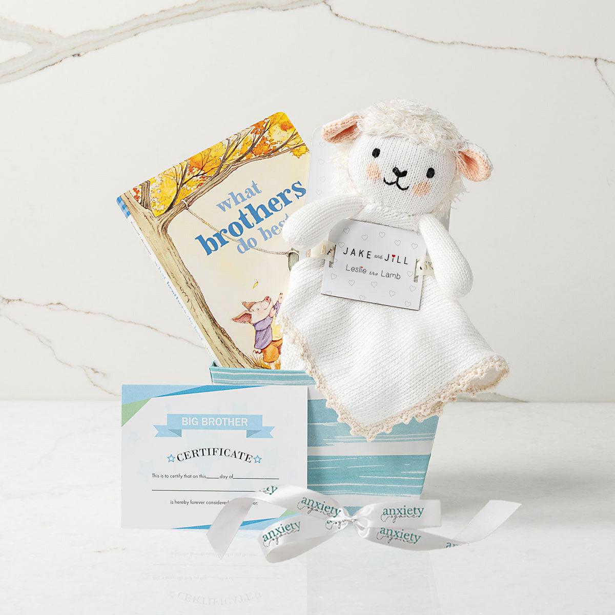 Big Brother Gift Set – Gift for siblings when a new baby arrives, includes Big Brother certificate, Jellycat Bashful Buttermilk Bunny, What Brothers Do Best book, Big Brother T-shirt for bunny, and keepsake paperboard base. Ideal big brother gift set for celebrating new baby arrivals.