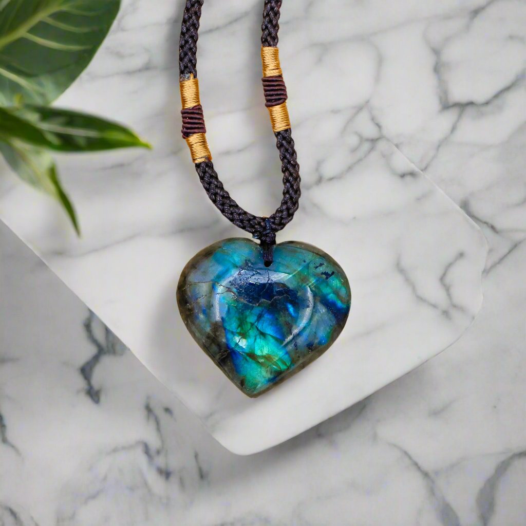 Labradorite Dragon's Heart Necklace with black adjustable cord for mental clarity and anxiety relief.