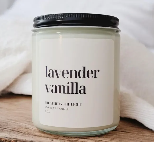 Lavender Vanilla Soy Candle handmade in Canada, sustainable candle, calming gifts, and personalized soy wax candle for anxiety relief.