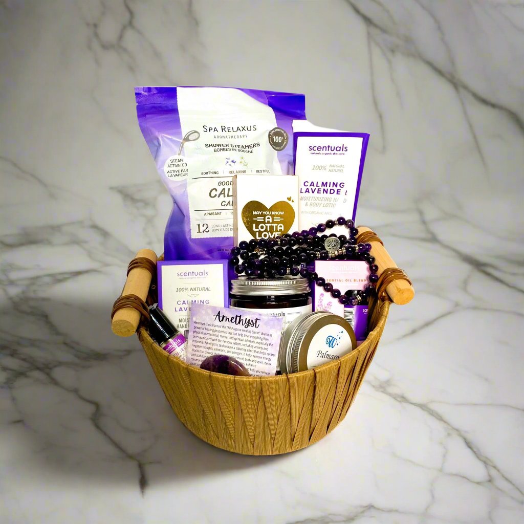 Lavender Lullaby Wellness Basket for relaxation, self-care, and mental health.