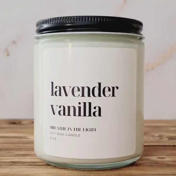 Lavender Vanilla Soy Candle handmade in Canada, sustainable candle, calming gifts, and personalized soy wax candle for anxiety relief.