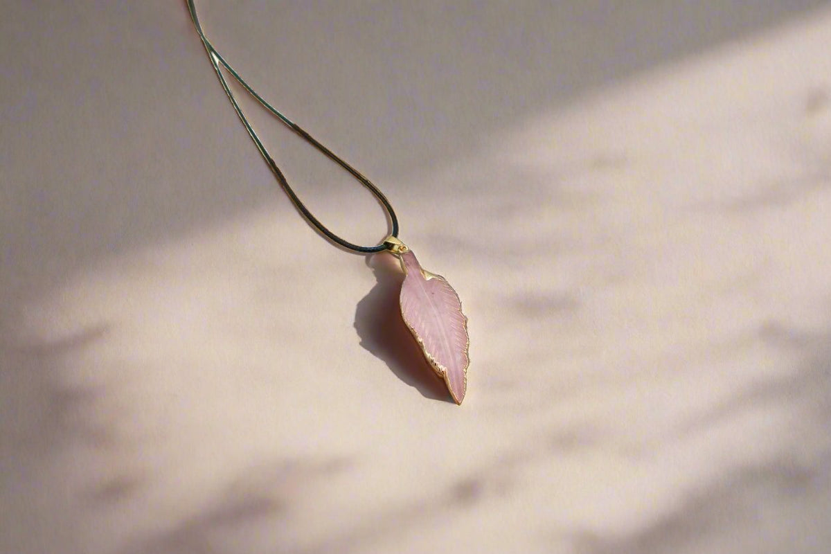 Let Go Rose Quartz Leaf Gemstone Necklace for healing crystals for anxiety, emotional healing, gemstone jewelry, and spiritual gifts.