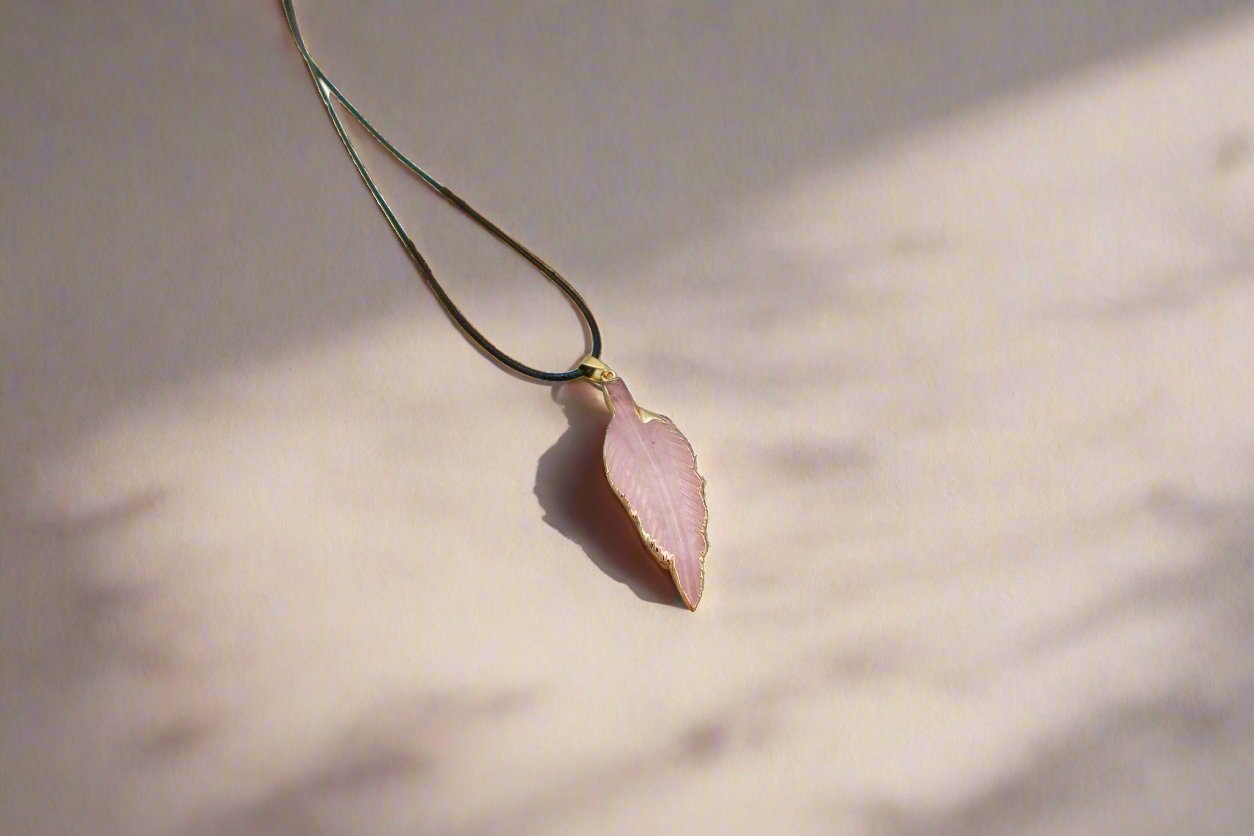 Let Go Rose Quartz Leaf Gemstone Necklace for healing crystals for anxiety, emotional healing, gemstone jewelry, and spiritual gifts.