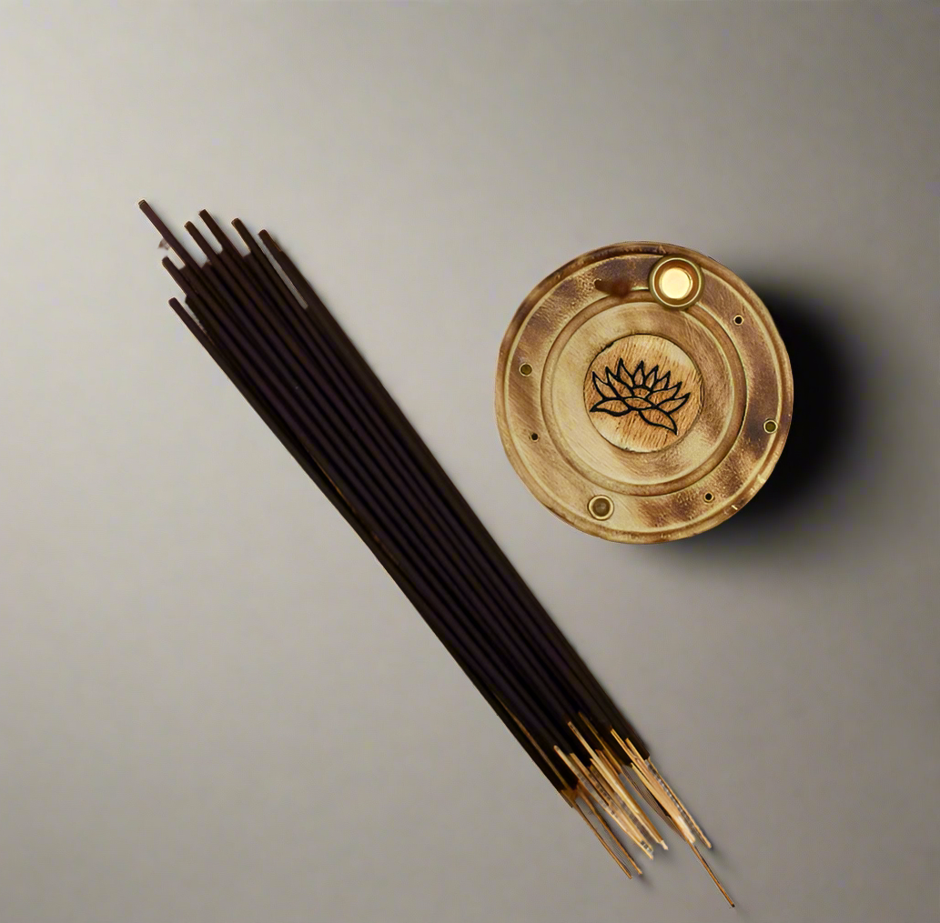 Lotus Incense Holder with wood base and copper lotus flower for incense sticks and cones.