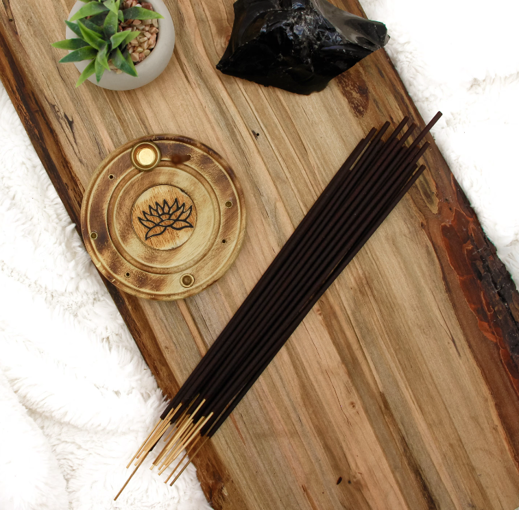 Lotus Incense Holder with wood base and copper lotus flower for incense sticks and cones.