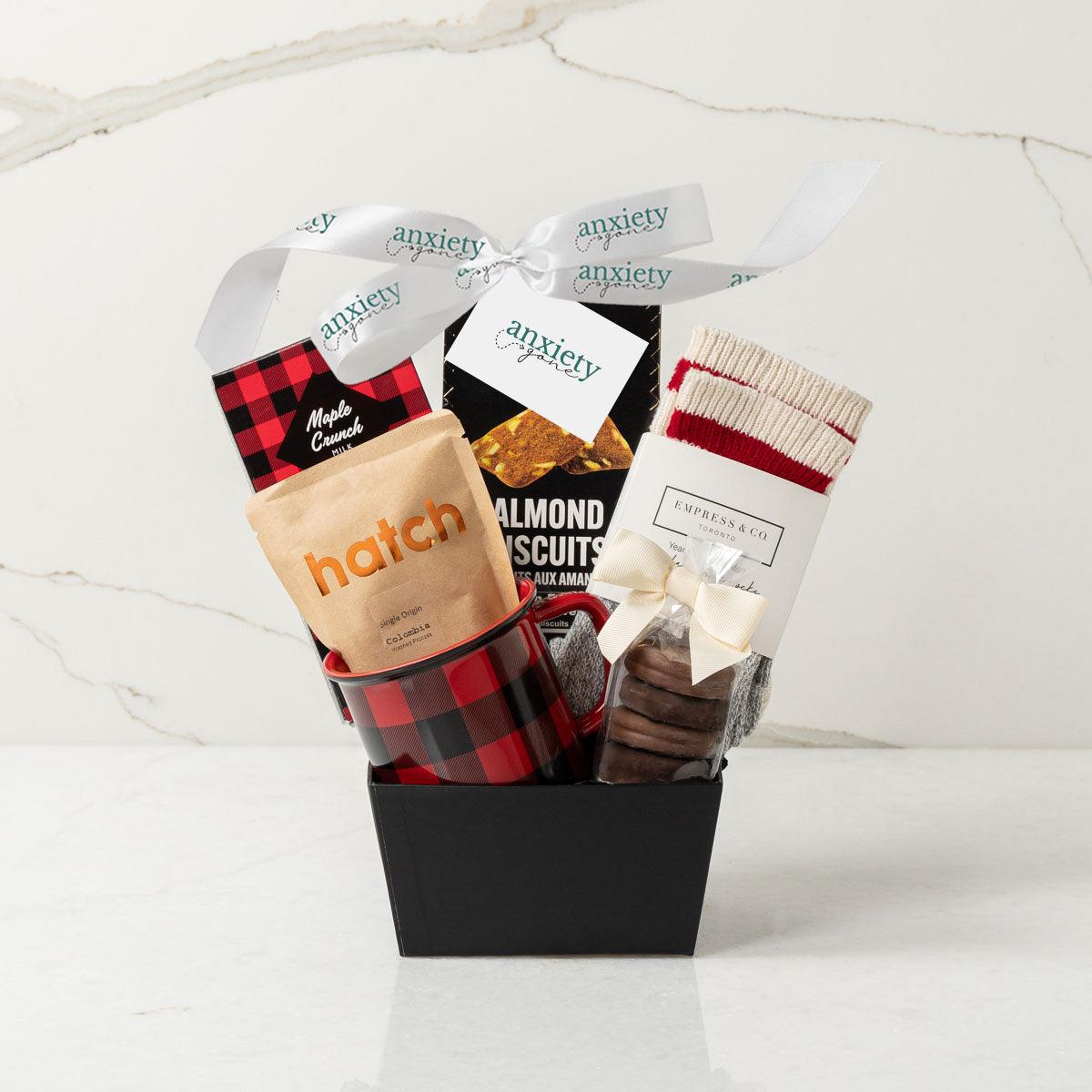 Just For You Wellness &amp;amp; Wishes Gift Basket featuring gourmet treats, specialty coffee, a metal mug, and indulgent chocolates—perfect for thank you gifts, get well soon gifts, and self-care gift baskets.