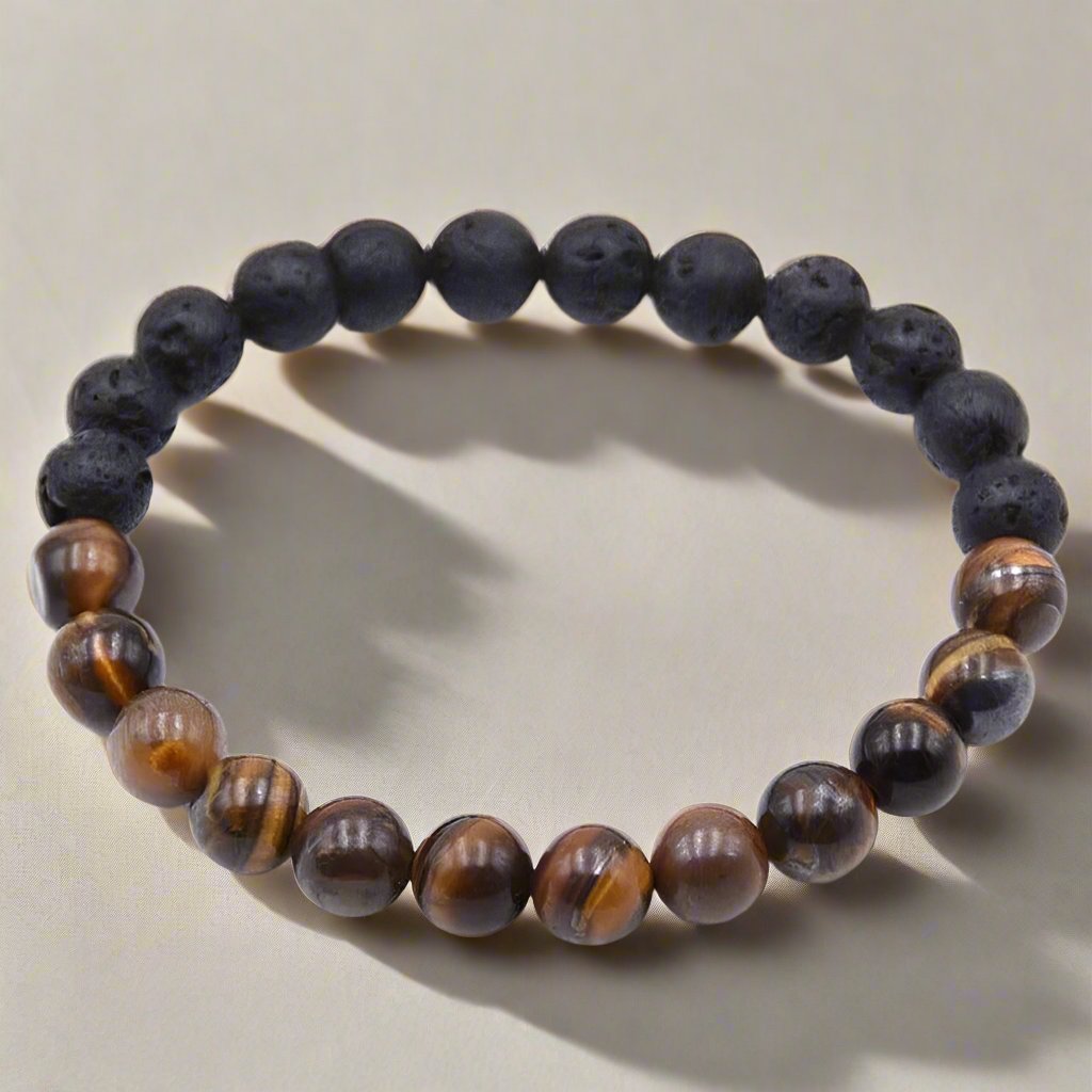 Eye Of The Tiger Crystal Beaded Bracelet with Tiger&#39;s Eye and lava beads for mental health and strength.