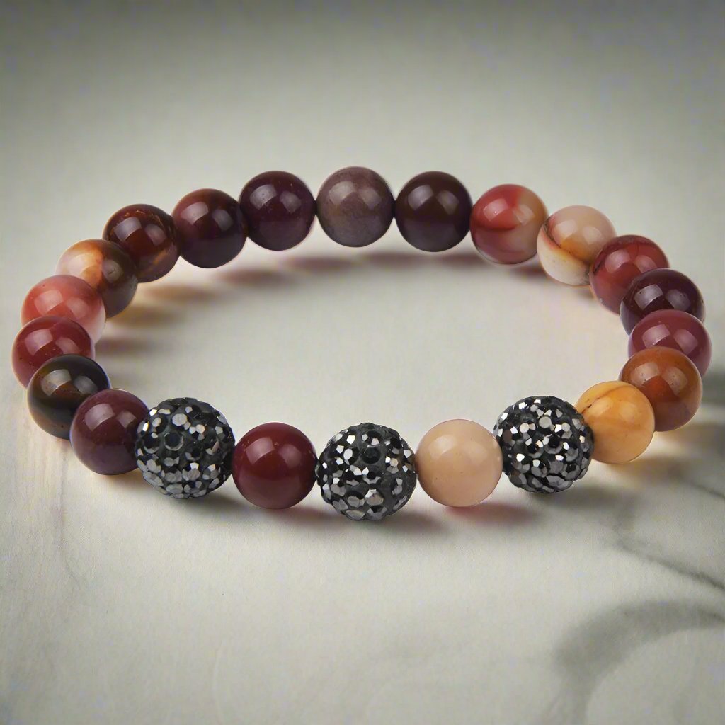 Mookaite Jasper Bracelet with rhinestone accents for anxiety relief, self-confidence, gemstone jewelry and spiritual gifts.