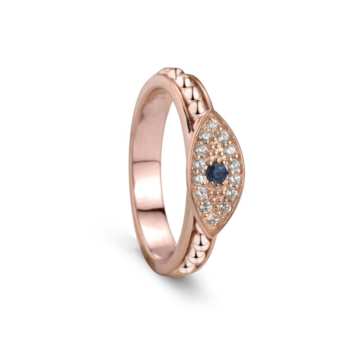 14 KT Pink Gold Crystal Fidget Ring  with Evil Eye and Blue Sapphire – A stackable fidget ring designed for mindfulness, protection, and mental wellness.