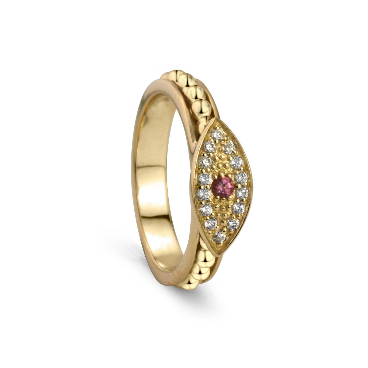 Nazar Gold Crystal Fidget Ring – Stackable 14 KT Yellow Gold Vermeil Meditation Ring with Evil Eye and Pink Tourmaline for mindfulness, protection, and mental wellness.

