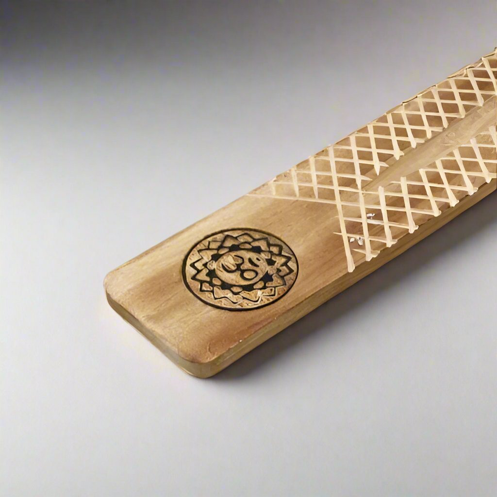 Laser-Etched Om Lotus Flower Wood Incense Holder for incense sticks, symbolizing purity and spiritual oneness.