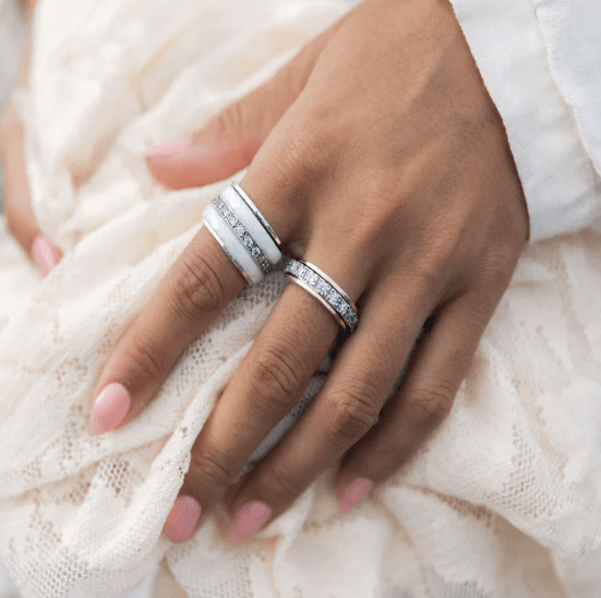 Purity Sterling Silver and Gold Fidget Rings for Women with White Ceramic and CZ Spinning Bands – A luxurious meditation ring designed for mindfulness, purity, and inner strength.