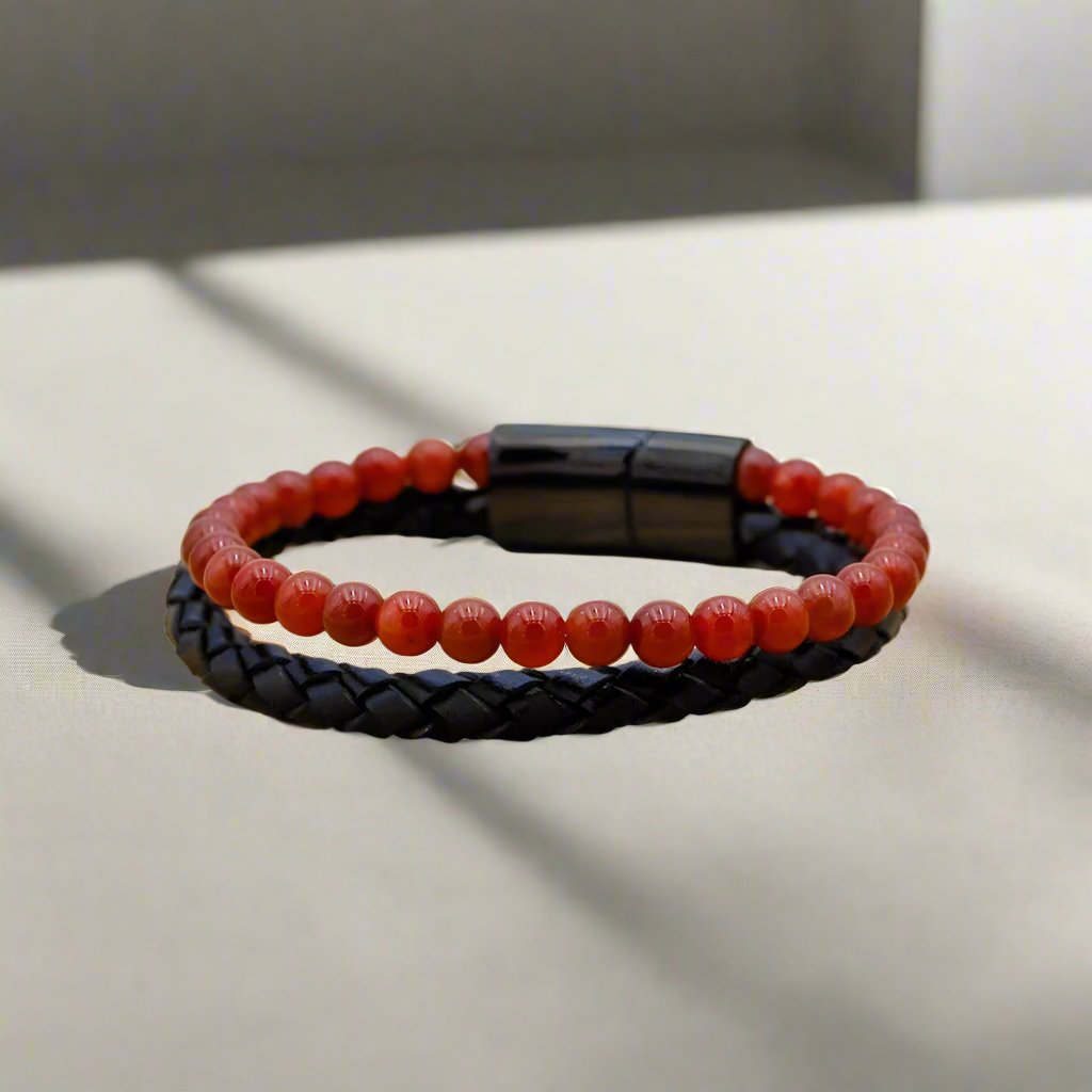 Fiery Red Agate Leather Beaded Bracelet for self-confidence, anxiety relief, and motivation.