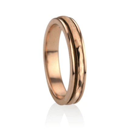 14 KT Rose Gold Vermeil Meditation Ring with hammered design and spinning center band, displayed with complimentary MeditationRings Tin and Travel Pouch