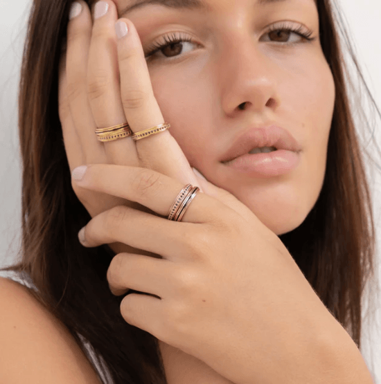 14K Rose Gold Shanti Fidget Ring on .925 sterling silver, designed for style and anxiety relief, available in sizes 5-11