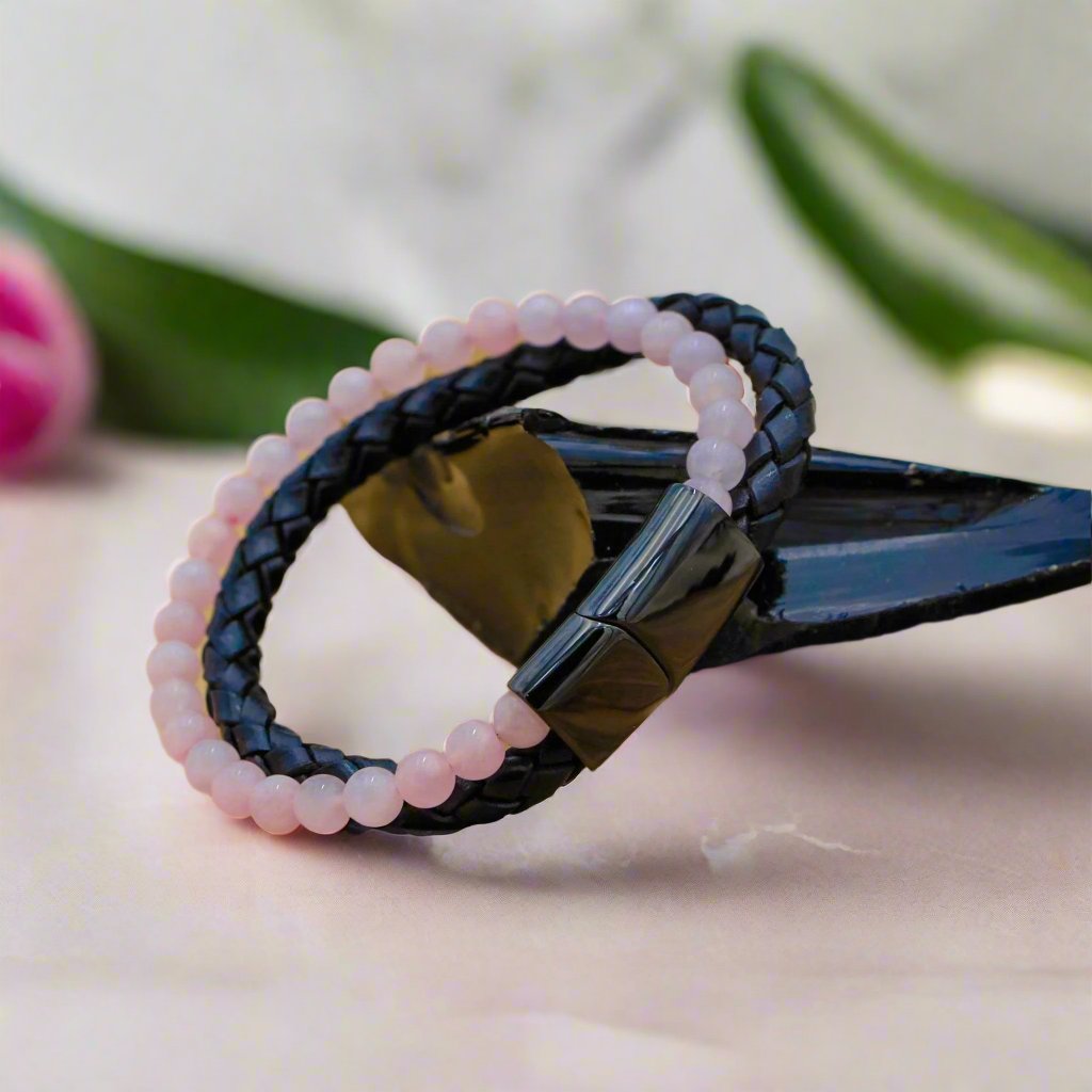 Loving Rose Quartz Leather Bracelet with magnetic clasp for compassion and emotional balance.