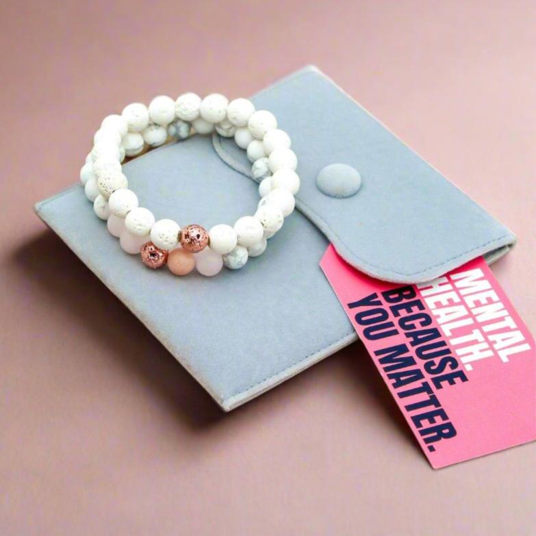 Self Love Rose Quartz and Howlite Bracelet Set for emotional healing and self-care.