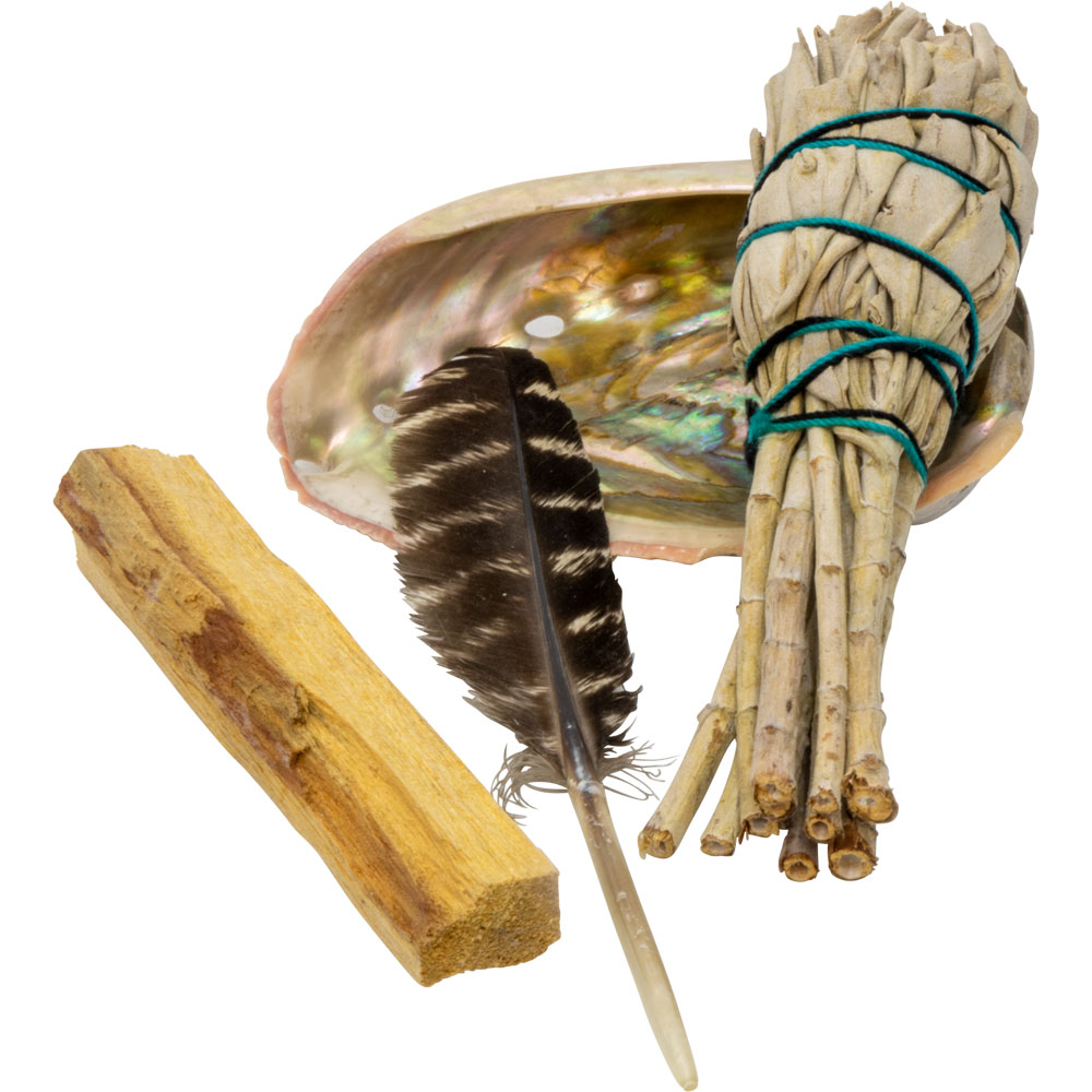 Beginner&#39;s Mini Smudging Kit with abalone shell, smudge stick, palo santo, and feather for energy cleansing, spiritual healing, and anxiety relief