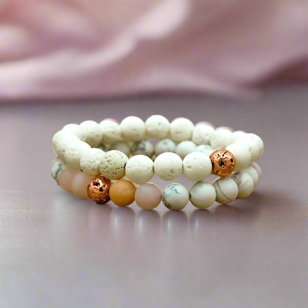 Self Love Rose Quartz and Howlite Bracelet Set for emotional healing and self-care.