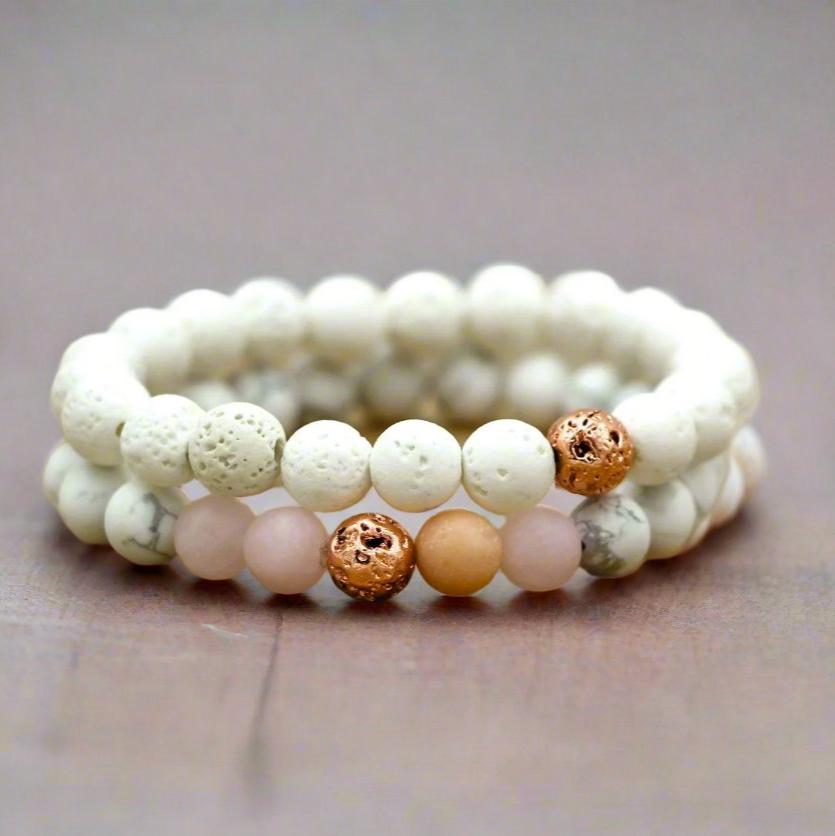 Self Love Rose Quartz and Howlite Bracelet Set for emotional healing and self-care.