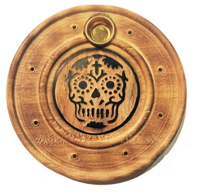 Candy Skull Incense Holder with wooden base and copper plate for incense sticks and cones.