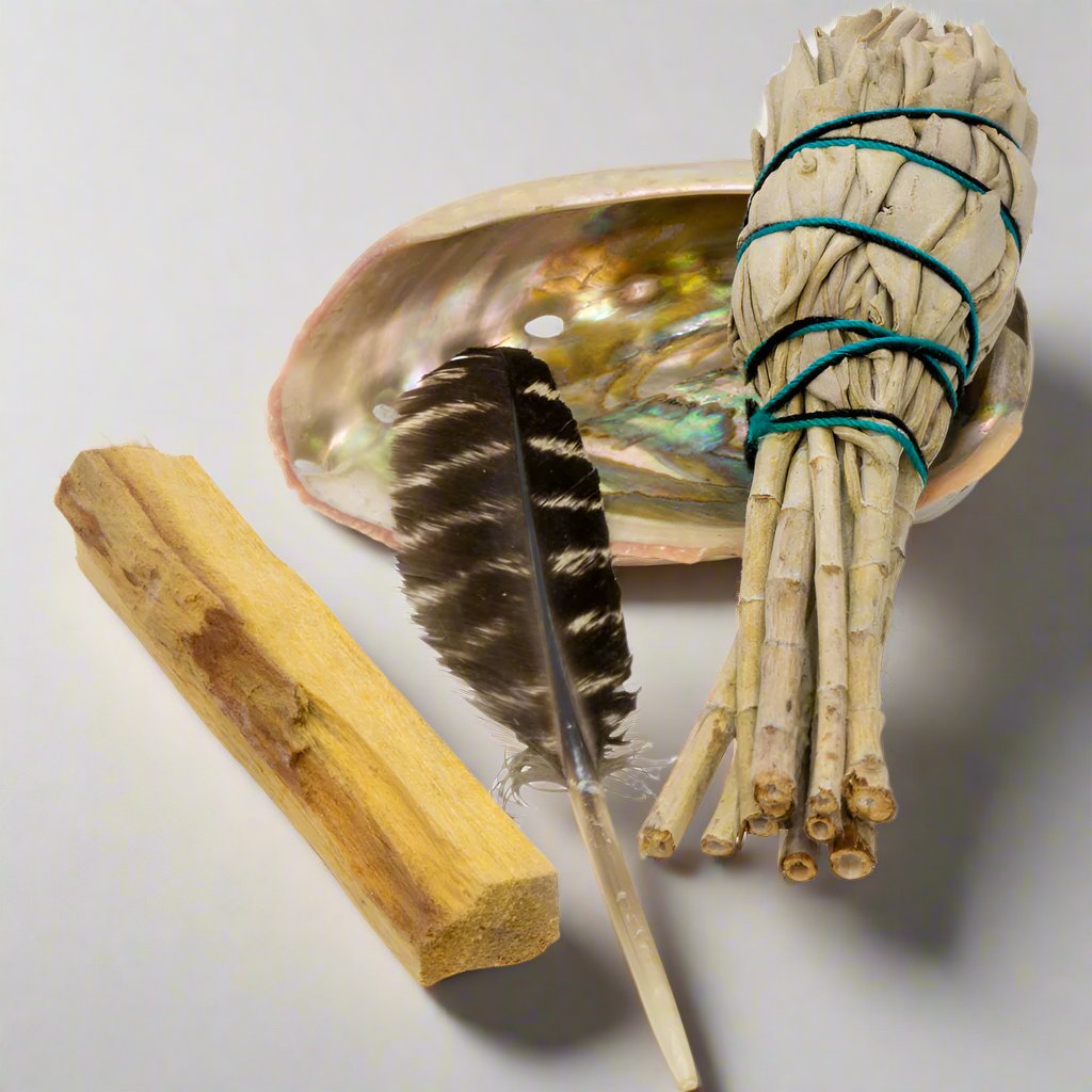 Beginner&#39;s Mini Smudging Kit with abalone shell, smudge stick, palo santo, and feather for energy cleansing, spiritual healing, and anxiety relief