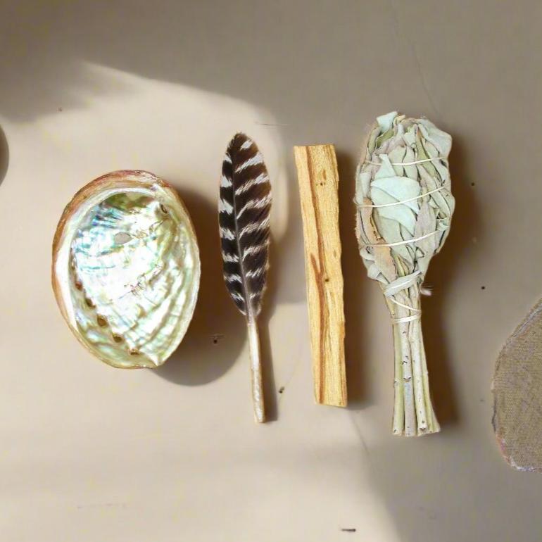 Beginner&#39;s Mini Smudging Kit with abalone shell, smudge stick, palo santo, and feather for energy cleansing, spiritual healing, and anxiety relief