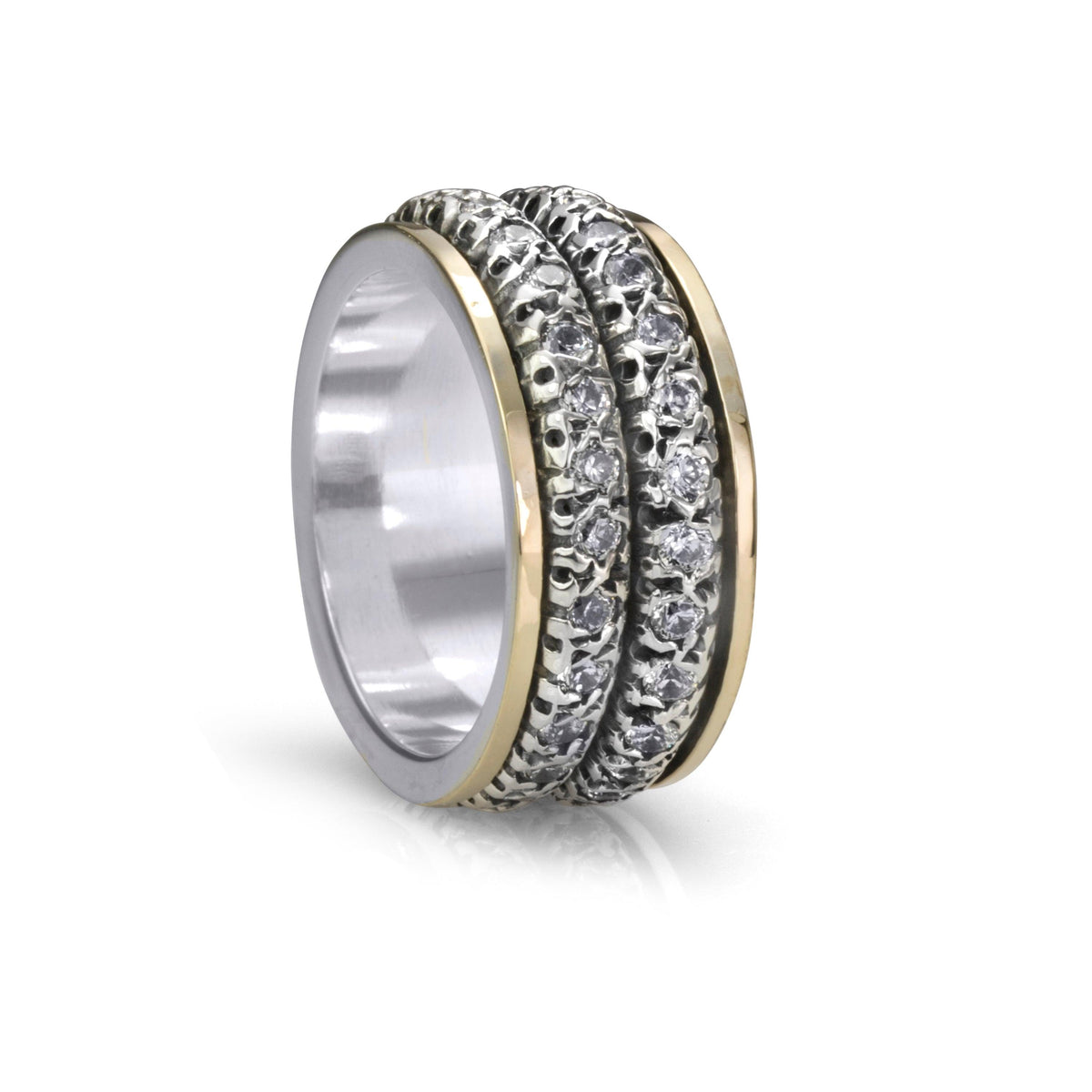 Timeless Sterling Silver and Gold Fidget Rings for Women with Yellow Gold Edges and Hand-Hammered CZ Spinning Bands – A sophisticated meditation ring designed for mindfulness, elegance, and emotional balance.