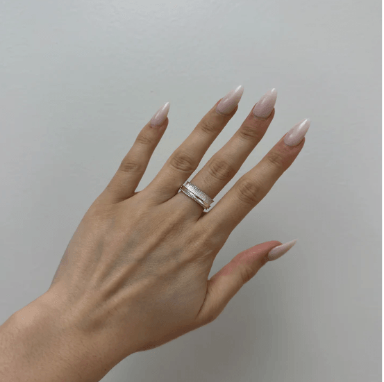 Sterling Silver Brushed &amp; Shiny Textured Anxiety Ring with spinning band, displayed with complimentary MeditationRings Tin and Travel Pouch