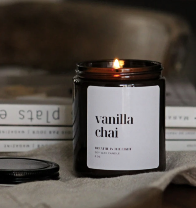 Vanilla Chai Soy Candle, handcrafted in Canada, sustainable candle for relaxation, self-care, and calming gifts.