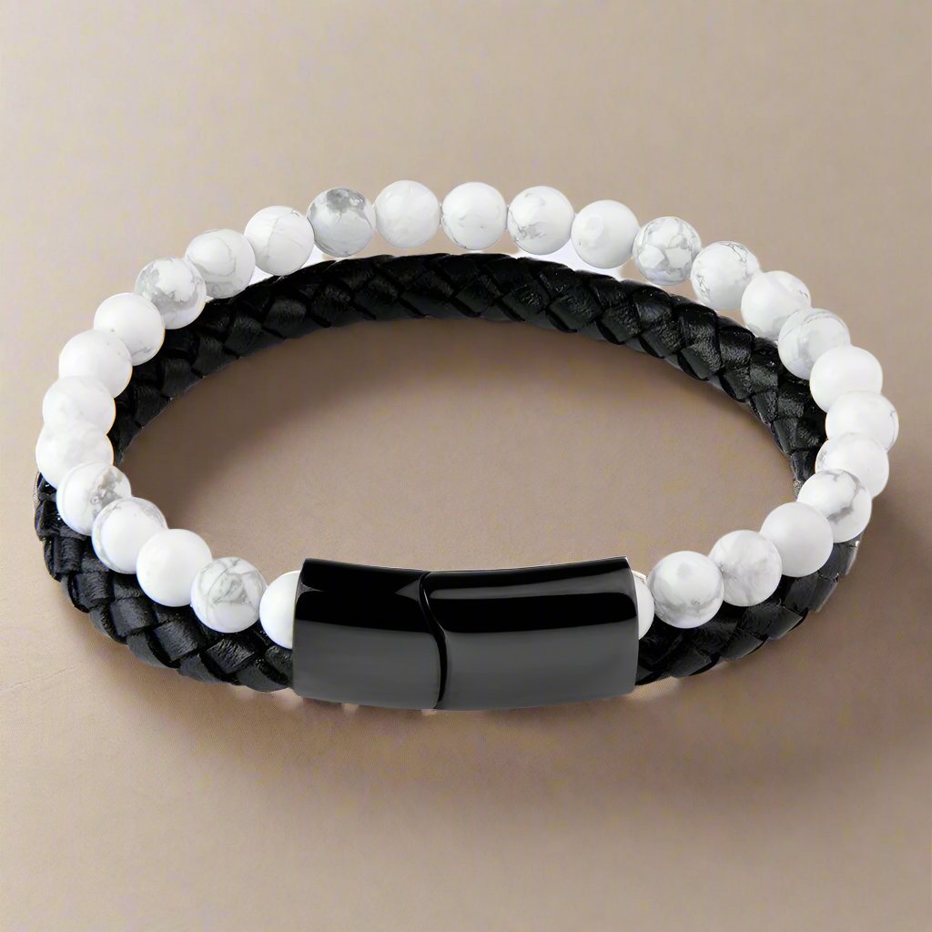 Quiet Mind White Howlite Leather Bracelet with crystals for anxiety and emotional balance.