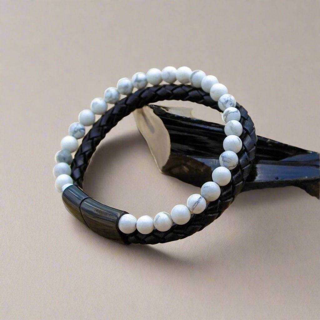 Quiet Mind White Howlite Leather Bracelet with crystals for anxiety and emotional balance.