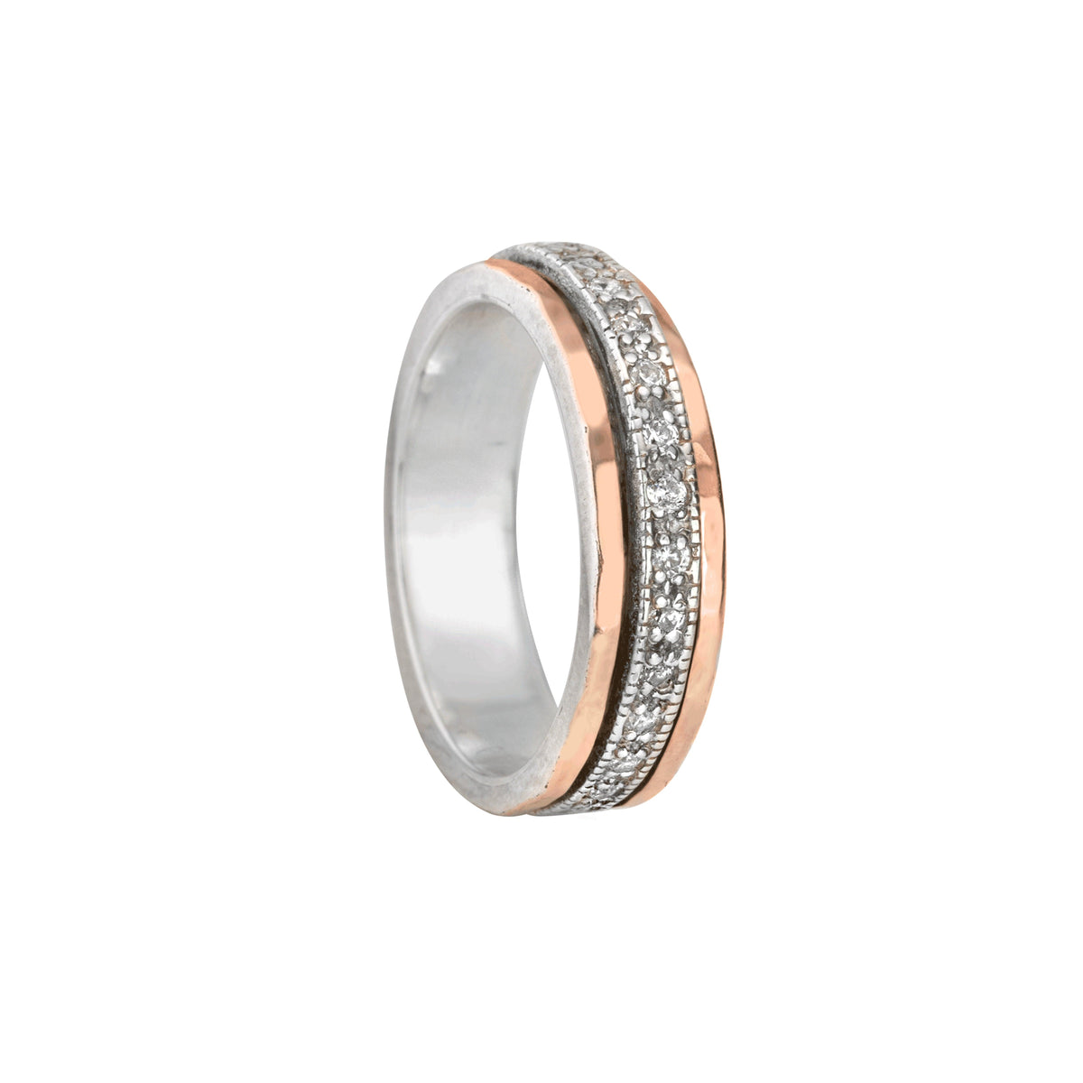 Wonder Sterling Silver and Gold Fidget Ring for Women with Rose Gold Edges and CZ Spinning Band – A feminine meditation ring designed for elegance, mindfulness, and tranquility.
