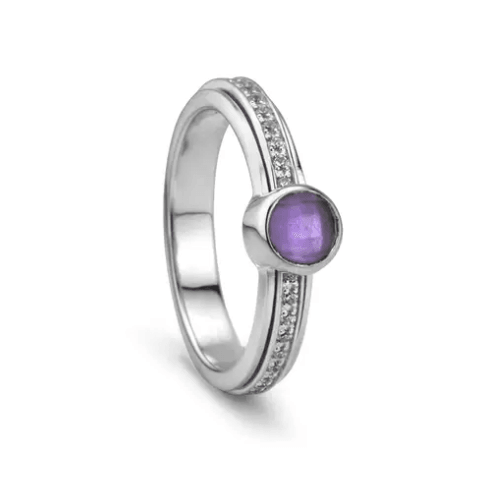 Sterling silver gemstone fidget ring with sparkling CZ center band and genuine amethyst gemstone, displayed with complimentary tin and travel pouch