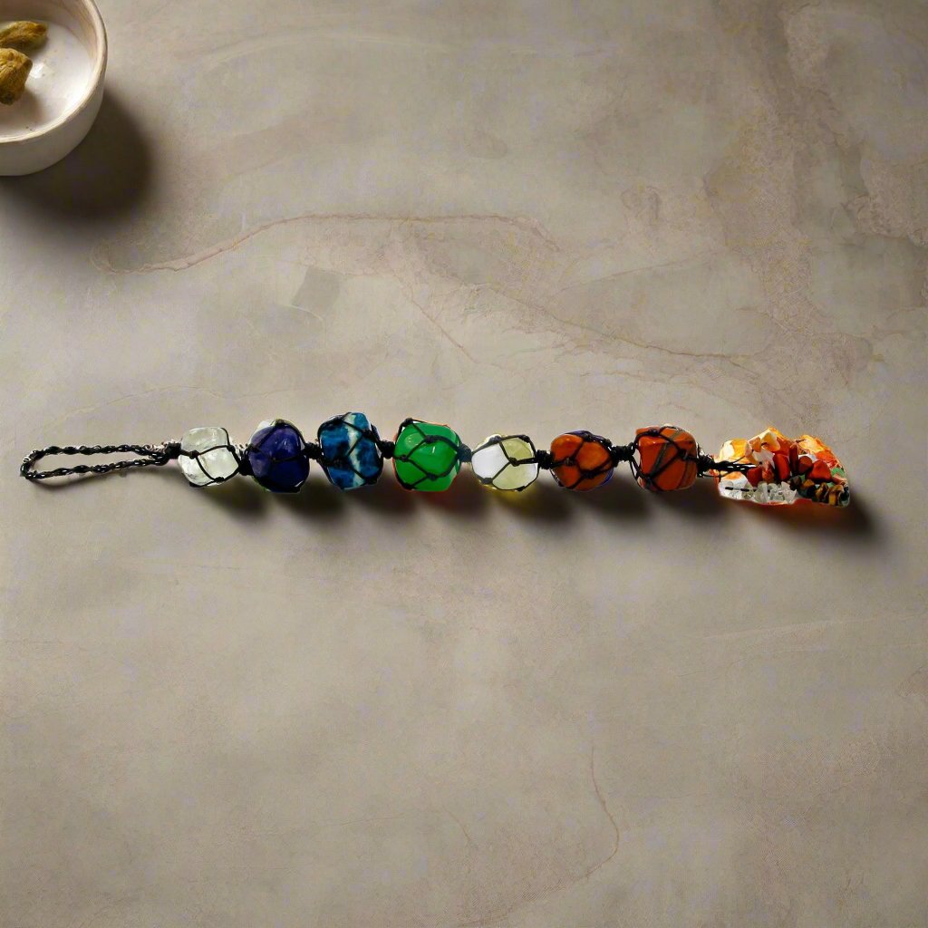 7 Chakra Gemstone Hanging Charm with gemstones for anxiety, chakra alignment, perfect for self-care gifts and mental health support. 