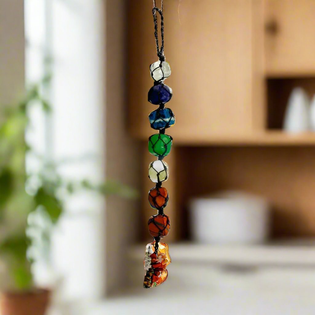 7 Chakra Gemstone Hanging Charm with gemstones for anxiety, chakra alignment, perfect for self-care gifts and mental health support. 